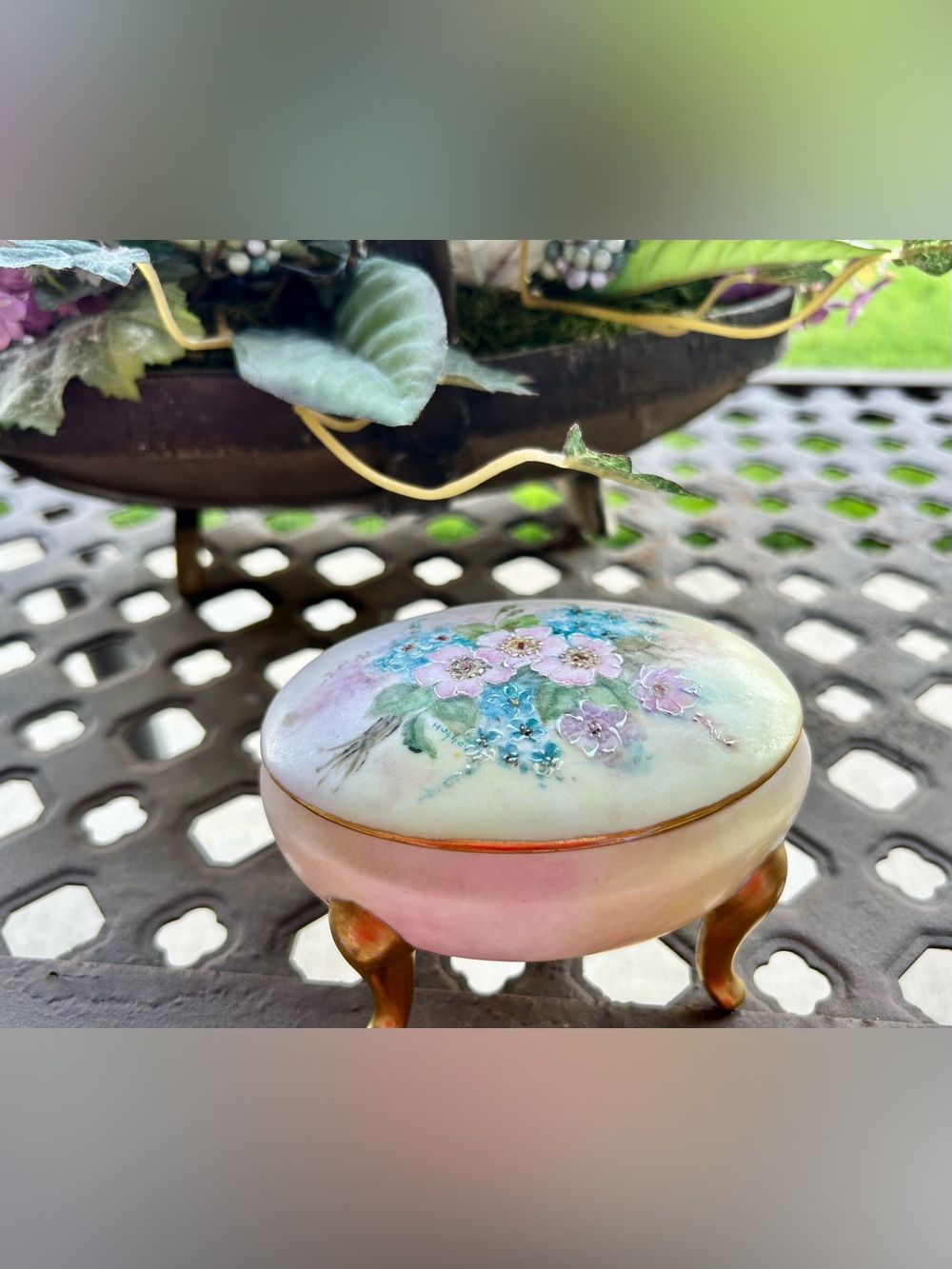 Vintage hand painted floral trinket box with gold legs~ Limoges